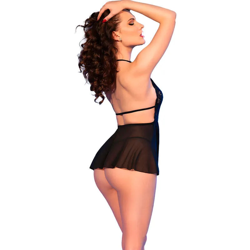 Chemise de nuit noire en tulle et dentelle, dos nu, bande élastique, coupe élégante et sensuelle pour soirées romantiques.