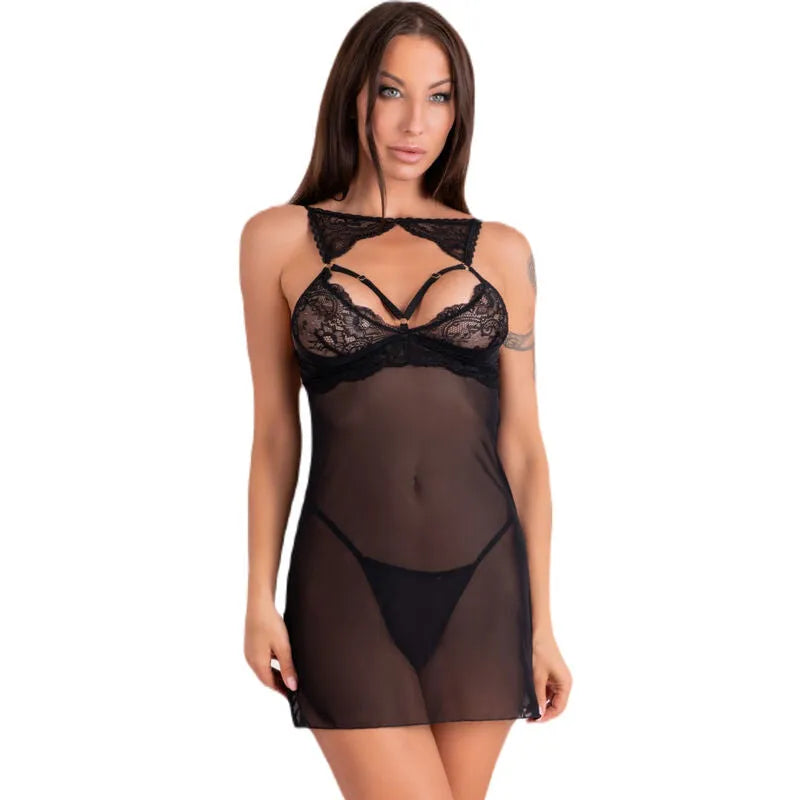 chemise nuit noire transparente dentelle sensuelle ajustable bretelles réglables dos profond jupon mi cuisse string assorti