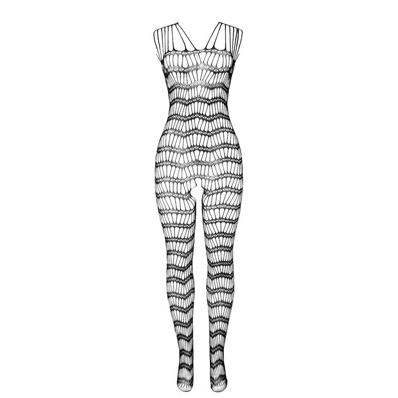 Bodystocking résille noir ouvert entrejambe, bretelles épaules, sexy et élégant, sublimant silhouette, taille unique.