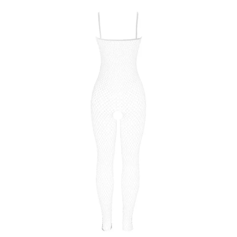 Body résille blanc sans entrejambe, élégant et sensuel, avec bretelles fines et motif filet, idéal pour soirées romantiques.