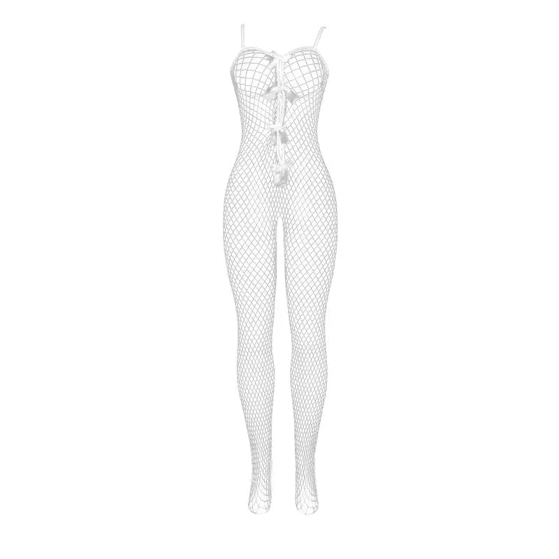 Body résille blanc sans entrejambe, noeud central, design élégant et sensuel, idéal pour soirées romantiques.