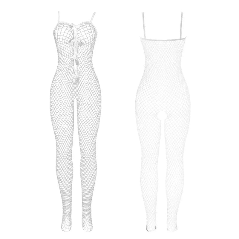 Body résille blanc sans entrejambe, élégant et sensuel, avec noeud décoratif, idéal pour soirées romantiques.