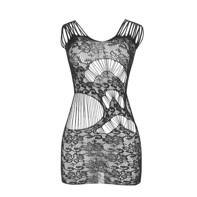 Body long résille noire moulant, dos ouvert, élégant et sensuel, idéal pour soirées intimes, taille unique.