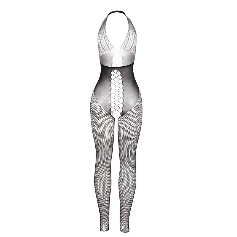 Bodystocking noir dos ouvert croisé, maille fine, design sculptant et séduisant, idéal pour soirées intimes et glamour.