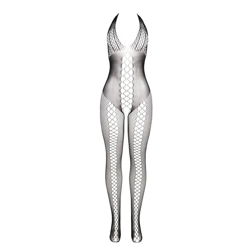 Bodystocking noir dos ouvert croisé, design sculptant en nylon élasthanne, élégant et séduisant pour soirées intimes.