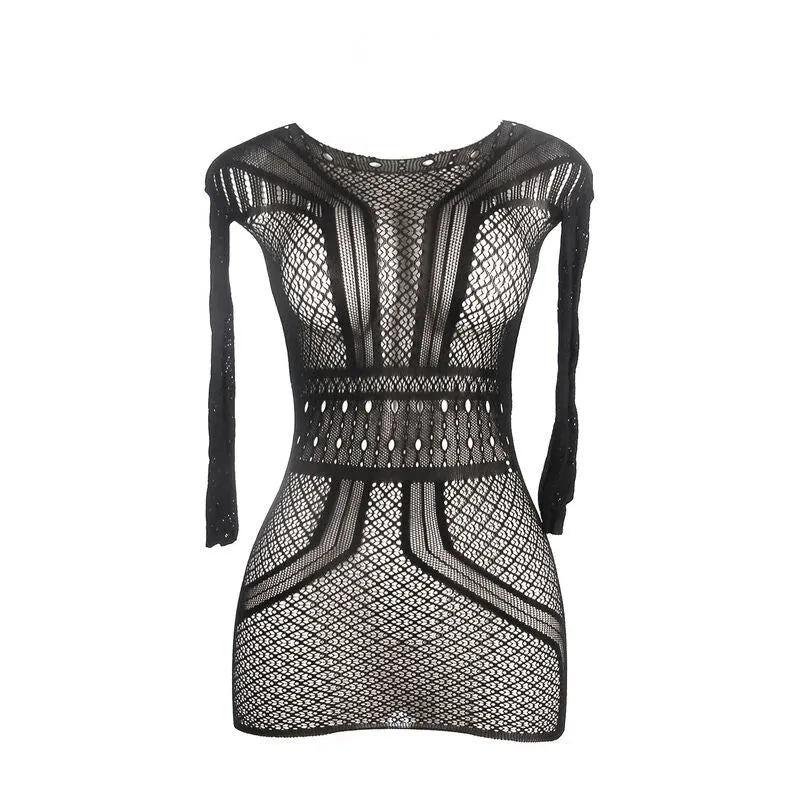mini robe chemise dos nu maille crochet noire élégante sexy ajustée extensible élasthanne taille unique soirée événement chic silhouette