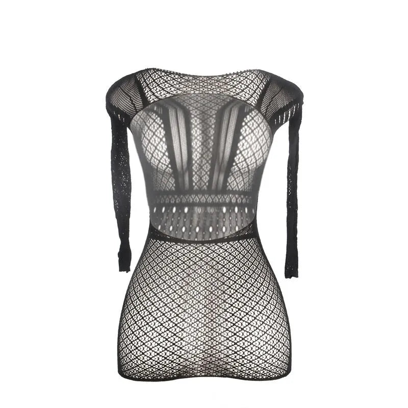mini robe chemise dos nu maille crochet noire élégante sexy ajustée extensible élasthanne taille unique soirée événement chic silhouette