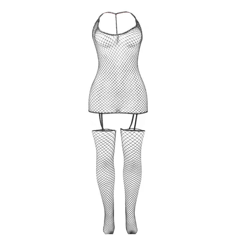 Body résille noir brillant, design moulant et transparent, féminin et séduisant, idéal pour soirées spéciales.