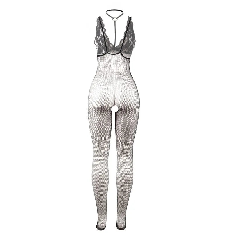 Combinaison résille noire transparente, ajustée, entrejambe ouvert, design élégant et sensuel, nylon élasthanne.