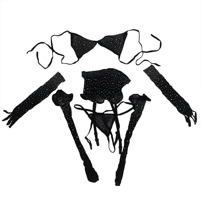 Body résille noir motif losange avec gants assortis, élégant et sensuel, en nylon élasthanne, taille unique.