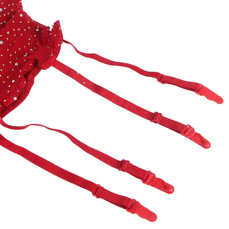 justaucorps résille rouge profond gants assortis sexy séduisant féminin provocant élégant confortable extensible nylon élasthanne losanges