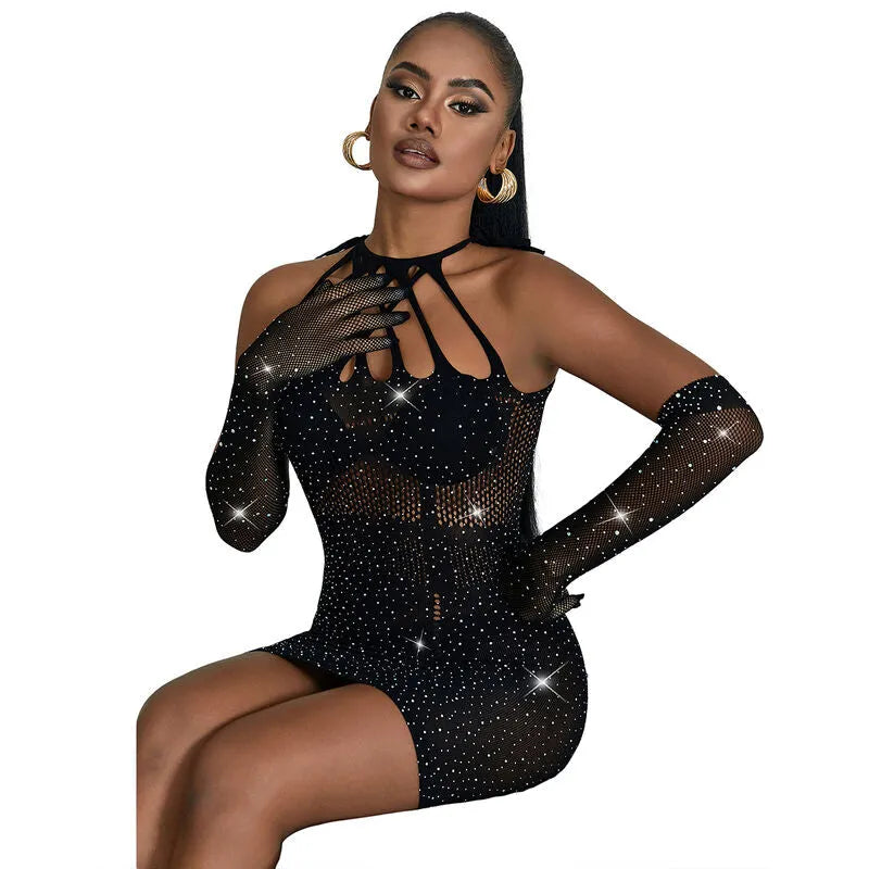 Body en maille noire avec strass, manches longues, décolleté audacieux, idéal pour soirées glamour et élégantes.