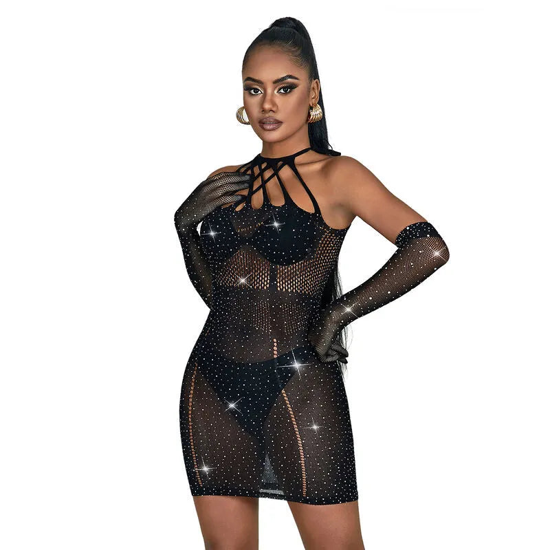 Body noir en maille avec strass, design élégant et sensuel, idéal pour soirées glamour, mettant en valeur la silhouette.