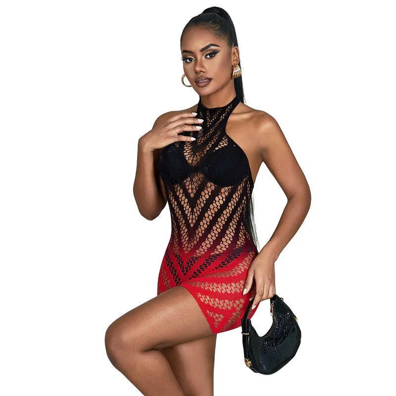 Body sans manches dégradé noir rouge en maille extensible, lingerie sexy en nylon et élasthanne, silhouette glamour.