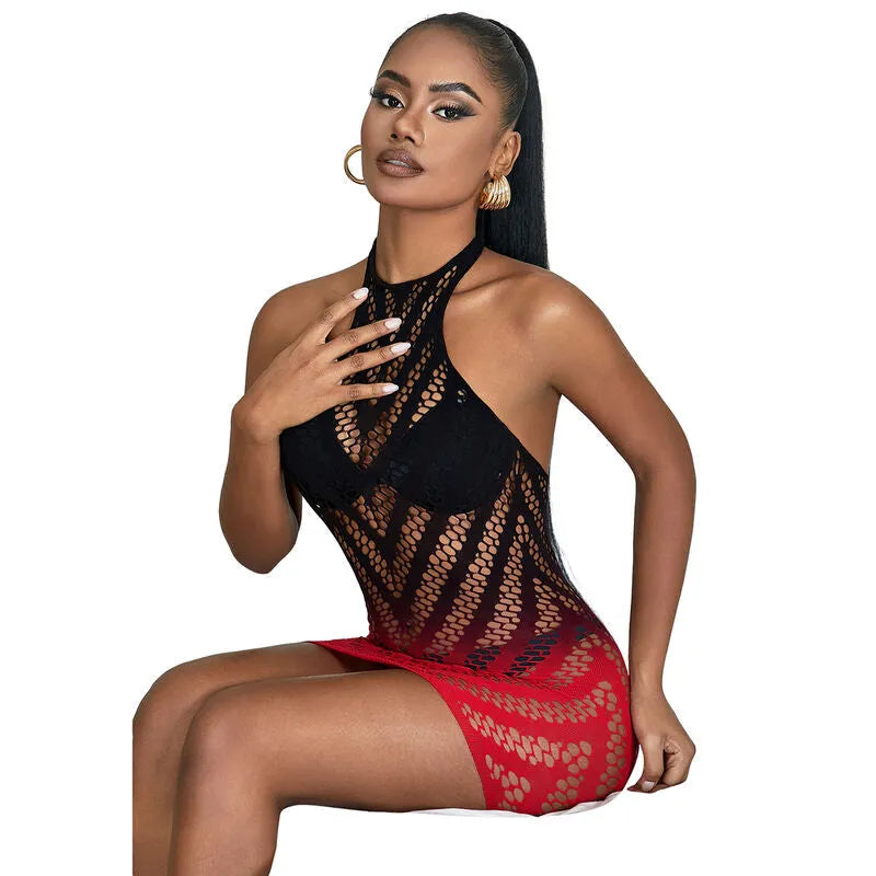 Body sans manches dégradé noir rouge, maille extensible, silhouette sublimée, lingerie sexy en nylon et élasthanne.