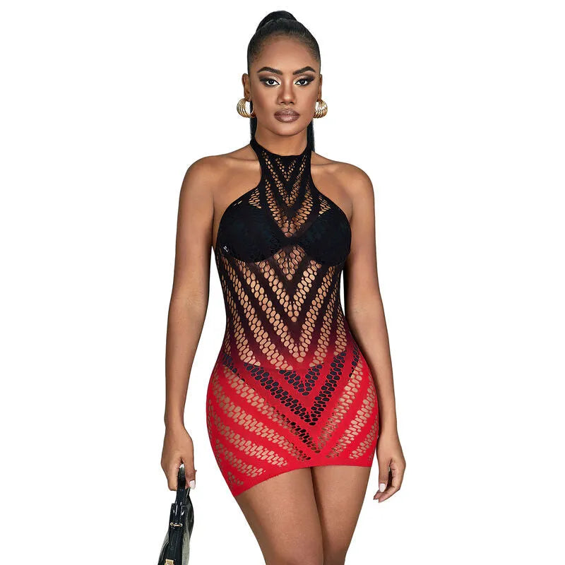 Body femme sans manches dégradé noir rouge, maille extensible, nylon élasthanne, allure sexy et élégante.