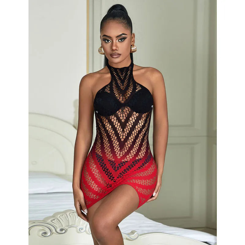 Body sans manches dégradé noir rouge, maille élastique, lingerie sexy en nylon élasthanne, silhouette sublimée.