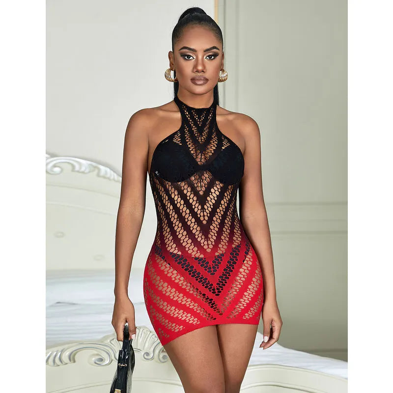 Body sans manches dégradé noir et rouge en maille extensible, lingerie sexy en nylon et élasthanne, silhouette glamour.