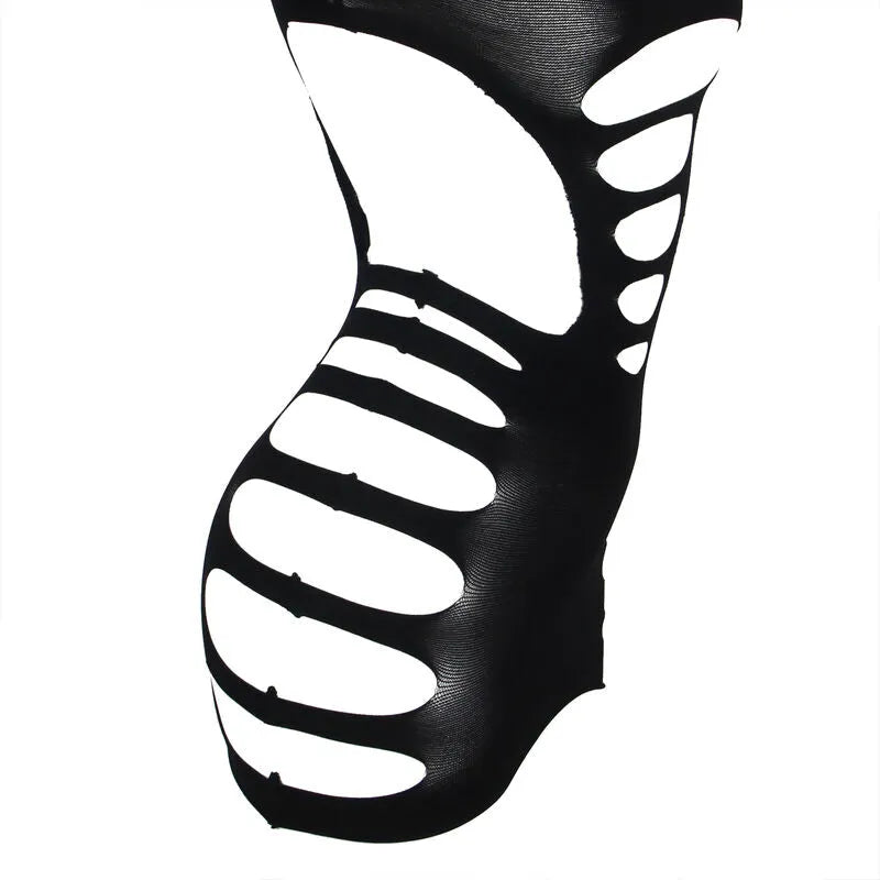 Body lingerie noir ajouré manches longues, coupe ajustée, élasthanne et nylon, silhouette sublimée, sensualité raffinée.