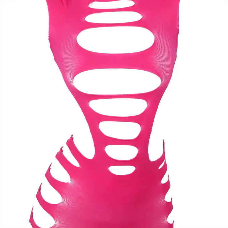 Body lingerie rose ajouré manches longues, nylon élasthanne, ajusté, élégant, sensuel pour femme, mode sophistiquée.