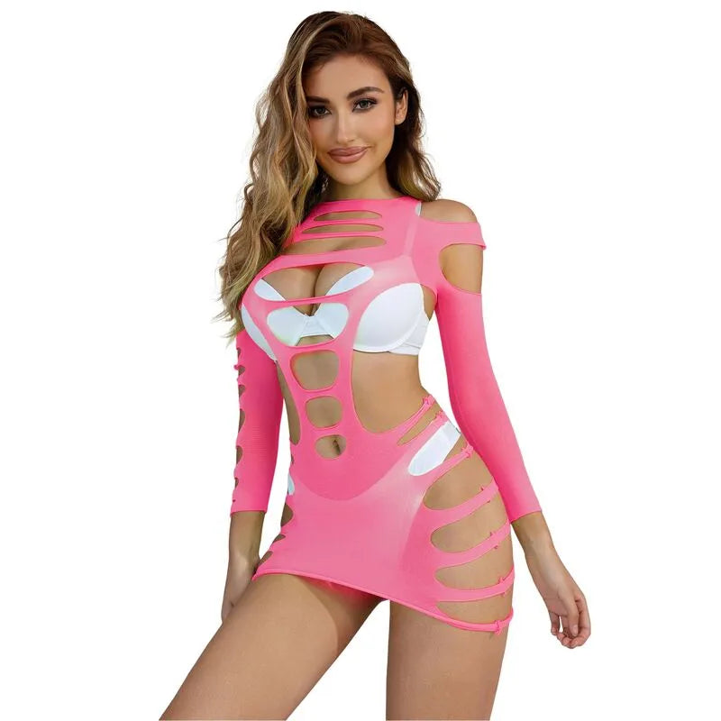 body lingerie sexy ajouré rose manches longues nylon élasthanne femme ajusté extensible doux sensuel élégant sophistiqué