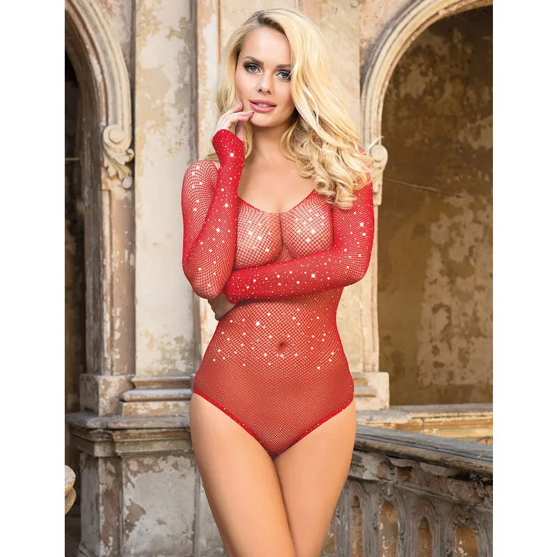 Body rouge vif manches longues épaules dénudées, lingerie sexy Subblime, idéal grandes occasions, coupe ajustée.