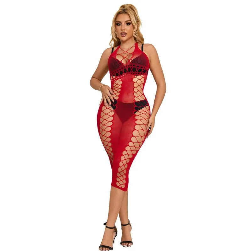 nuisette longue résille creuse rouge passionnée sexy Subblime qualité supérieure extensible douce fluide ample séduisante féminine