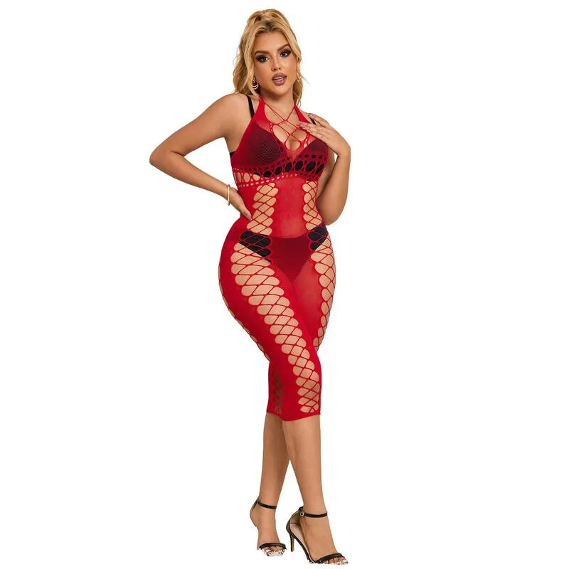 nuisette longue résille creuse rouge passionnée sexy Subblime qualité supérieure extensible douce fluide ample séduisante féminine