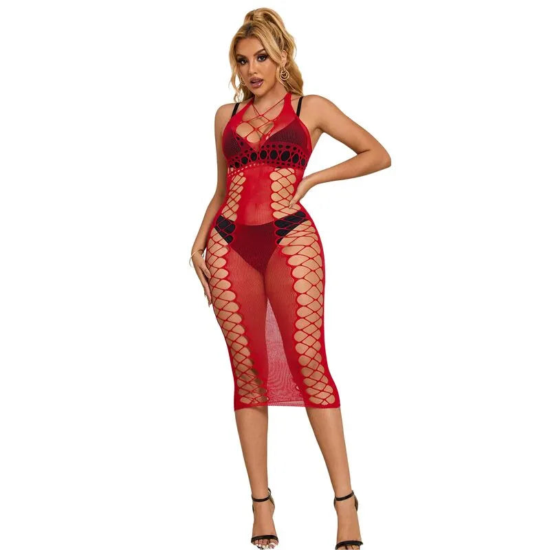nuisette longue résille creuse rouge passionnée sexy Subblime qualité supérieure extensible douce fluide ample séduisante féminine