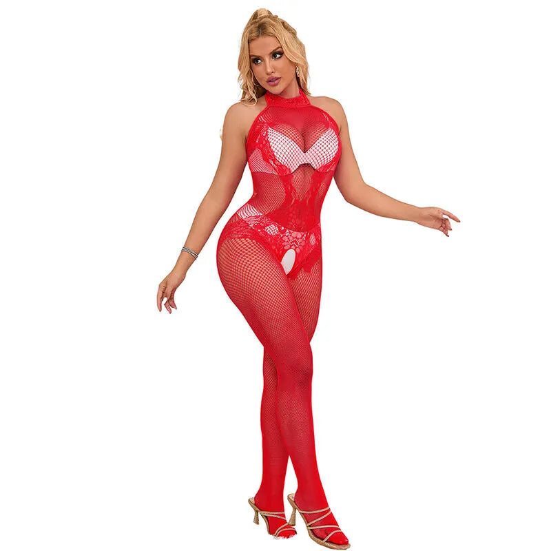 Body rouge en résille et dentelle, col montant, coupe ajustée, sublimant la silhouette, élégant et sensuel.