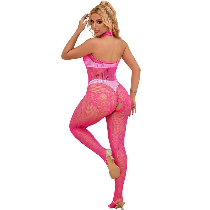Body dentelle rose ajusté, col montant, élégant et sensuel, extensible, parfait pour occasions spéciales.