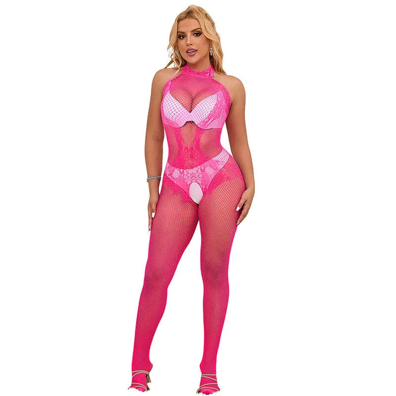 body dentelle rose col montant ajusté moulant élégant raffiné sensuel confortable extensible nylon élasthanne taille unique