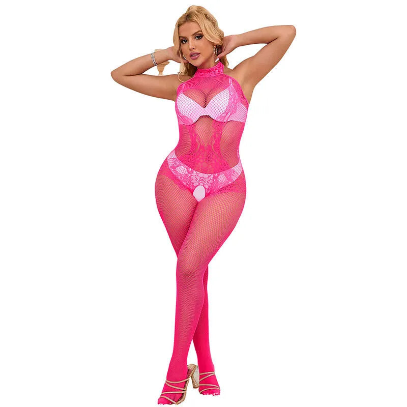 Body dentelle rose moulant, col montant, élégant et sensuel, pour femme, occasions spéciales, nylon élasthanne.