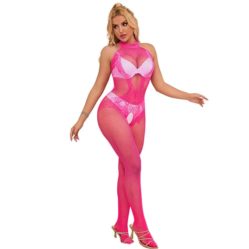 Body dentelle rose moulant col montant, élégant et raffiné, sublimant la silhouette féminine avec sensualité.