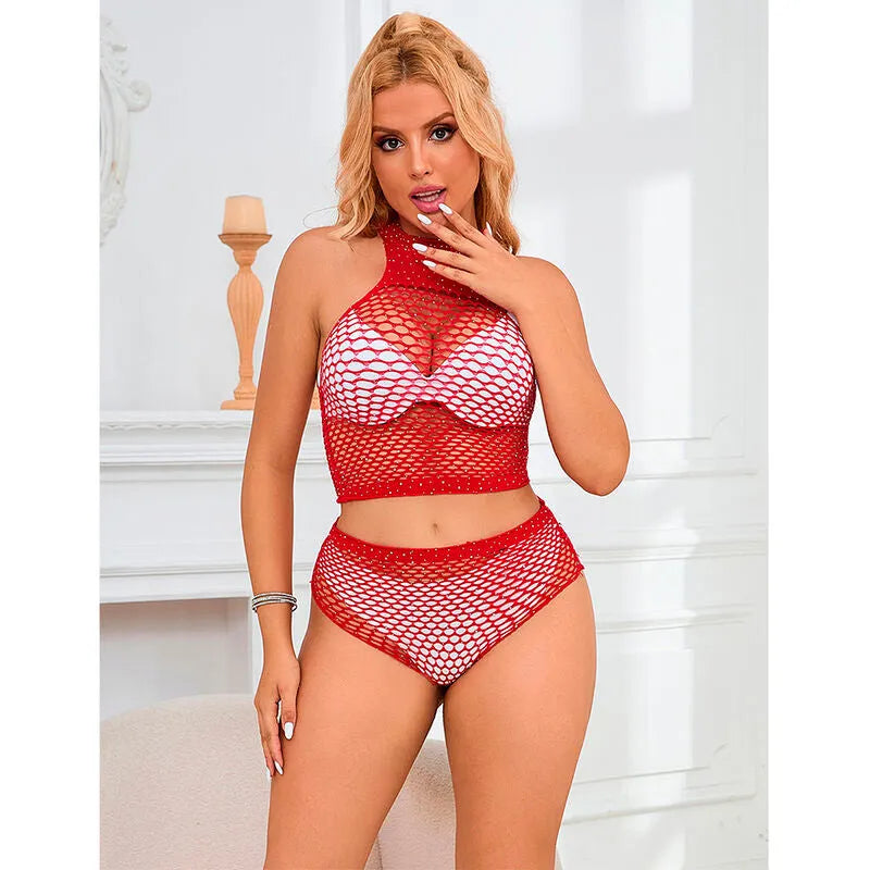 Ensemble lingerie résille rouge vif avec strass, coupe ajustée, short transparent, glamour et sexy, nylon élasthanne.