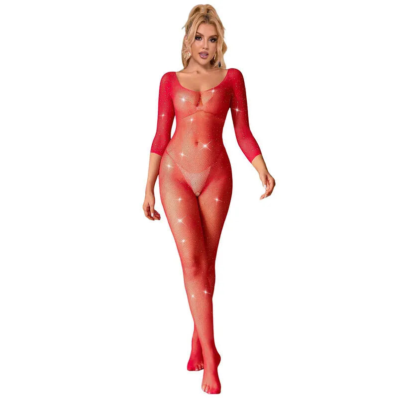 lingerie justaucorps manches longues rouge vif maille losange moderne sexy femme coupe ajustée extensible nylon élasthanne