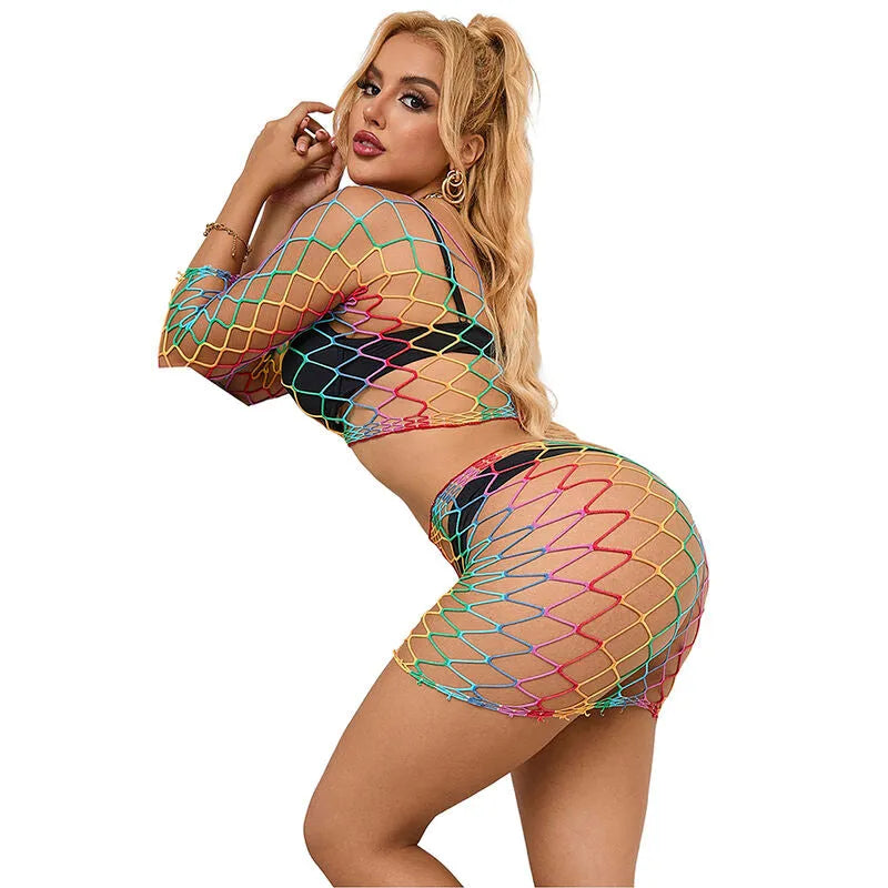 Alt text : Ensemble lingerie multicolore manches longues en maille transparente, design arc-en-ciel, ajustable et extensible.