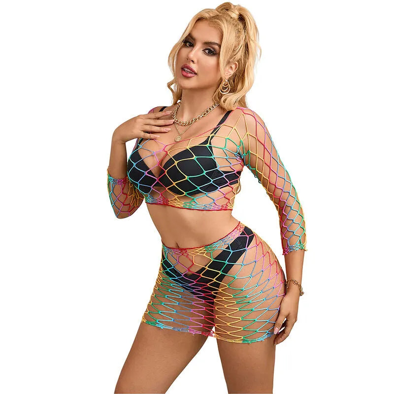 Ensemble lingerie multicolore manches longues en maille respirante, design ajustable et extensible, style sensuel et vibrant.