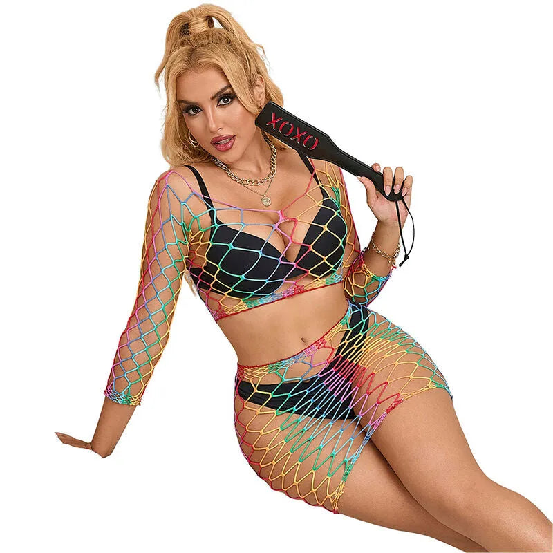 Ensemble lingerie multicolore manches longues en maille transparente, design ajustable et extensible, style sensuel et vib...