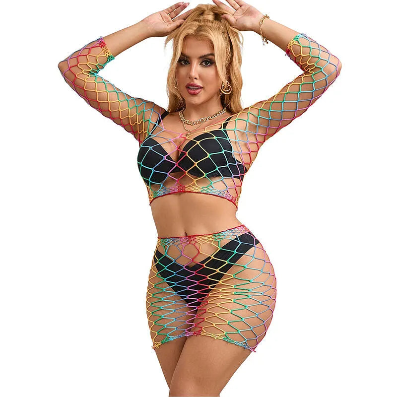 ensemble lingerie deux pièces manches longues maille respirant nylon élasthanne transparent sensuel sexy multicolore vibrant ajustable extensible