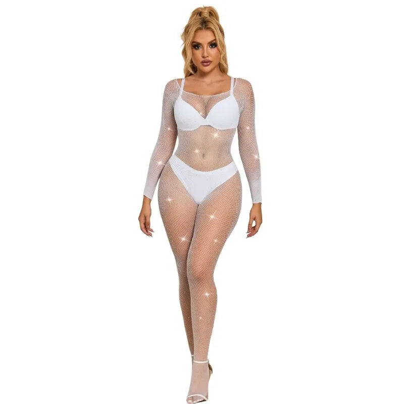 body manches longues résille motif losanges blanc éclatant sexy sculptant moulant extensible nylon élasthanne confort ajusté taille unique soirée séduction