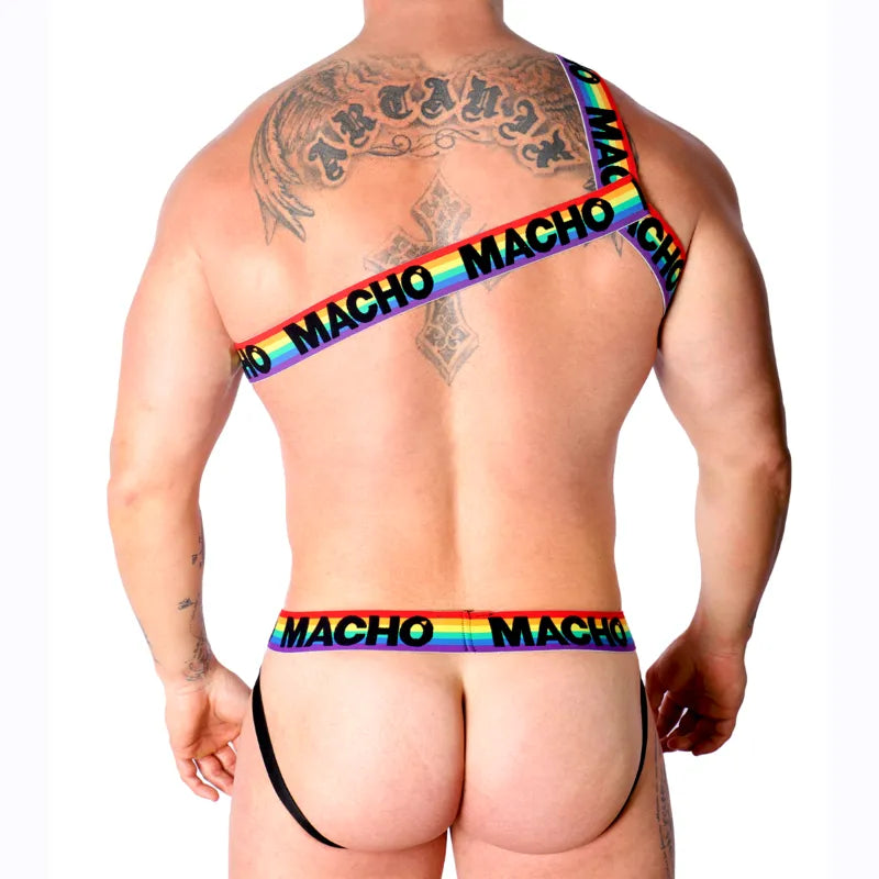 Harnais élastique multicolore Roman, design unique, ajustable, porté par un homme, idéal pour style et confort.