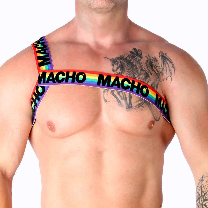Harnais élastique Roman multicolore, design unique, ajustable, porté sur torse masculin, style élégant et moderne.