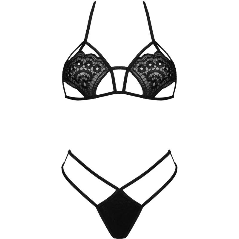 Ensemble lingerie noir Jimena en dentelle et satin, soutien-gorge et string élégants, bretelles ajustables Livco Corsetti.