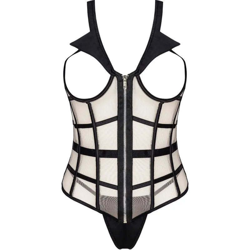 Corset noir sexy avec découpes audacieuses, fermeture éclair centrale, soulignant la taille, ensemble string assorti.
