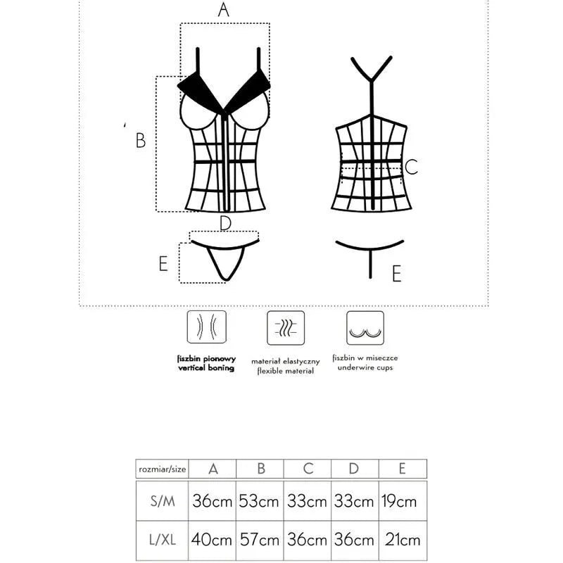 Corset noir sexy avec découpes audacieuses, bustier provocateur, string assorti, matière extensible, fermeture éclair.