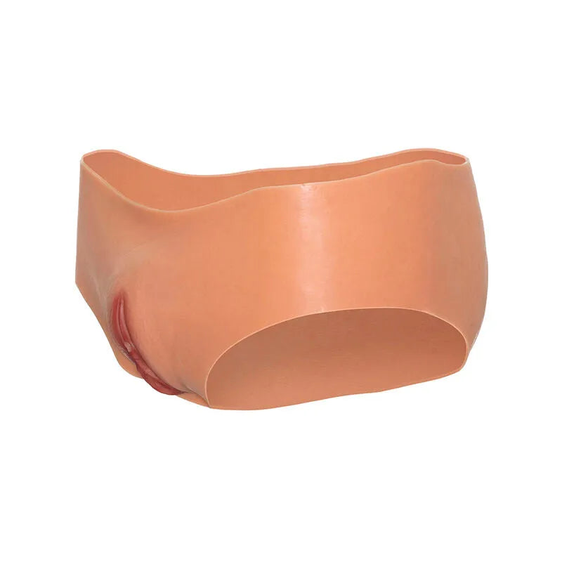 Culotte silicone réaliste couleur chair, vagin ouvert pénétrable, tube miction intégré, tailles S-M-L, confort discret.