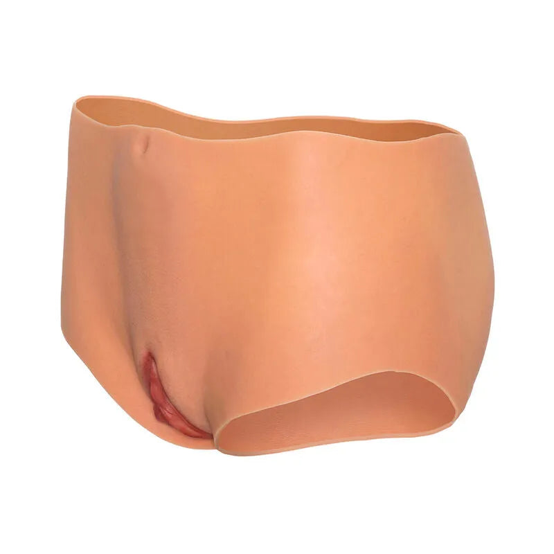 Culotte silicone réaliste couleur chair, vagin ouvert, anus visible, pour transformation transgenre, texture peau naturelle.