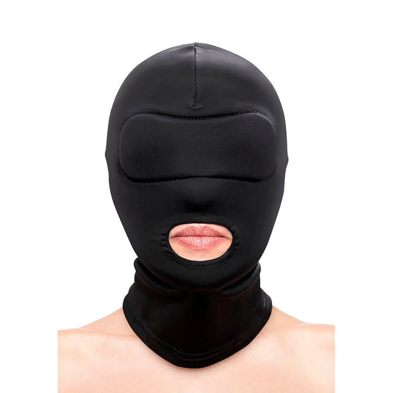 cagoule bouche nylon noir sensuelle ajustée fétiche érotique douce extensible confortable taille unique finition lisse respirante discrète maintien