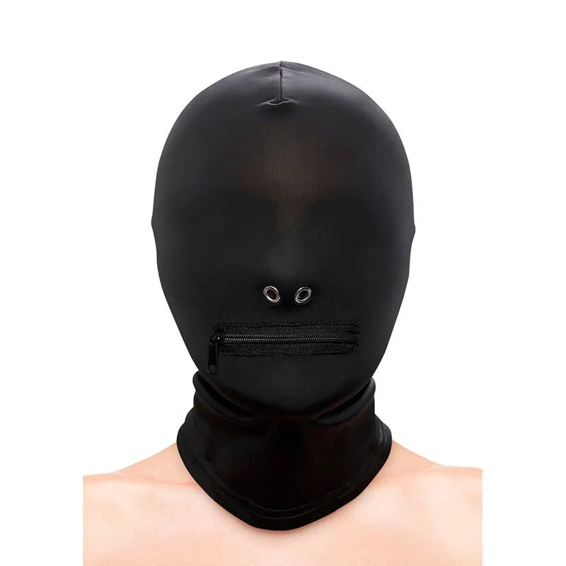 cagoule fetish nylon noir fermeture éclair ouverture bouche ajustable confortable moulante résistante métal antiallergique taille unique mystérieuse séduisante